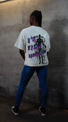 “I’m Wired Different” Baby Blue & Hot Pink - OFF WHITE Tee